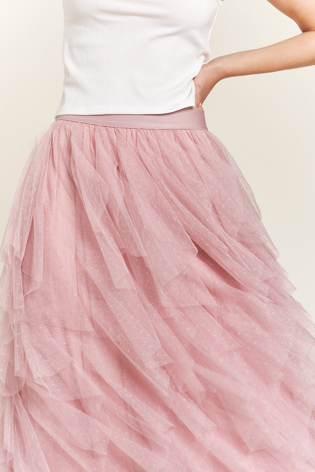 Layered Polka Dot Mesh Lined A-Line Midi Skirt